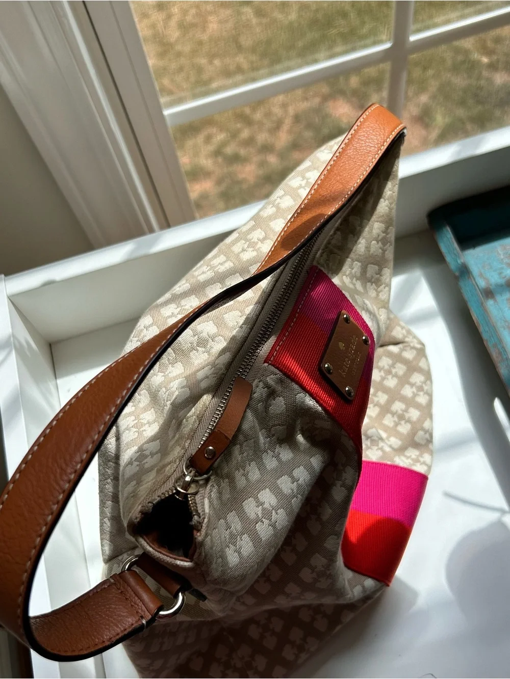 Kate Spade “Mona” Beige Patterned Hobo with Pink and Red Stripe